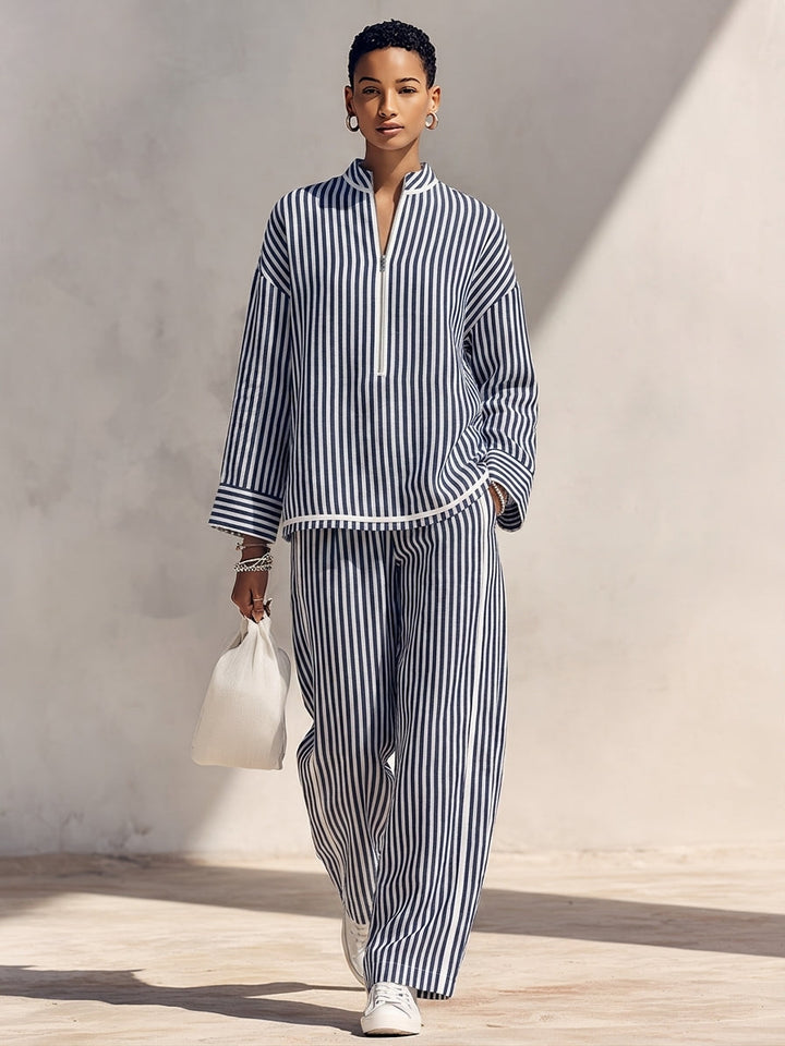 Conjunto de top extragrande de lino azul claro con cuello mao y media cremallera y pantalón de pernera ancha MDZ1594G5ZRK