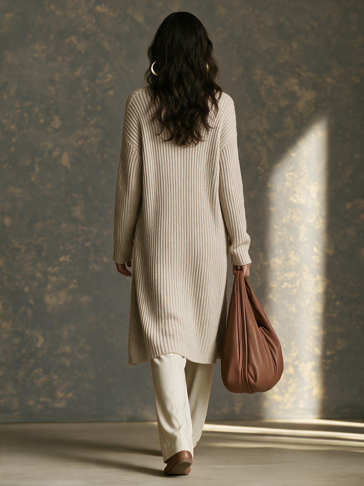 Women's 3-Piece Set: Minimalist Knit Vest, Straight-Leg Trousers, And Long, Buttonless Cardigan MDZ2770H0WY