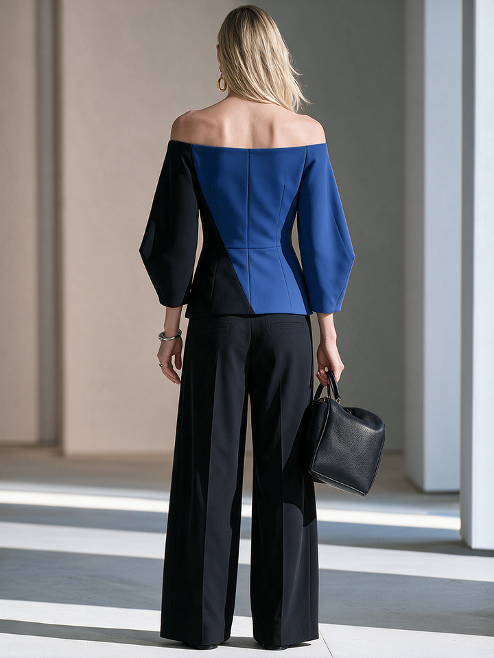 Women's Off-Shoulder Colorblock Three-Quarter Balloon-Sleeve Belted Top And Wide-Leg Pants Set MDZ0255I0CMX