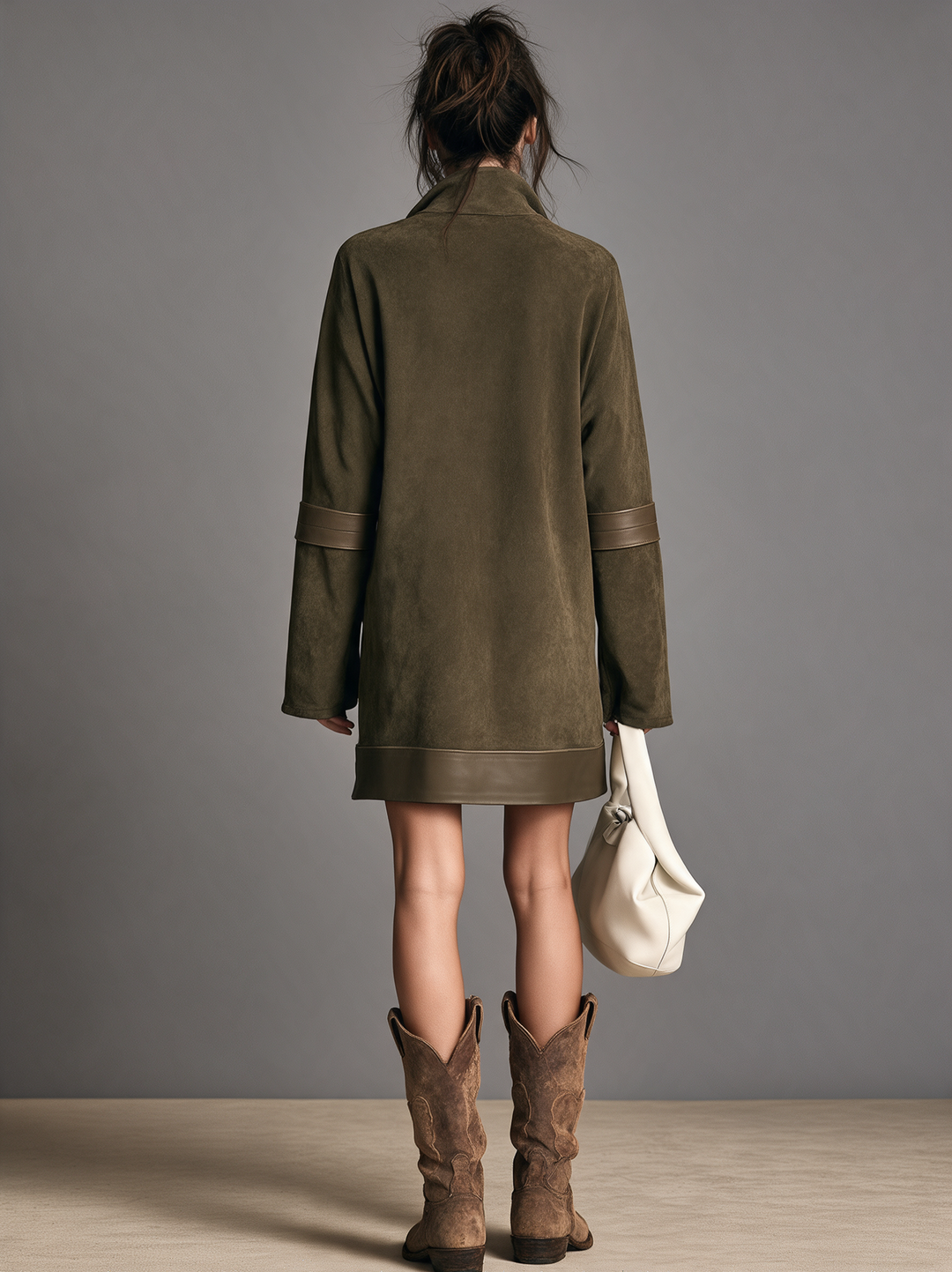Women's Vintage-style Shift Dress With Faux Suede And PU Leather Paneling
