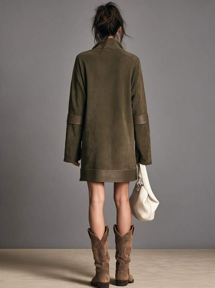 Women's Vintage-style Shift Dress With Faux Suede And PU Leather Paneling