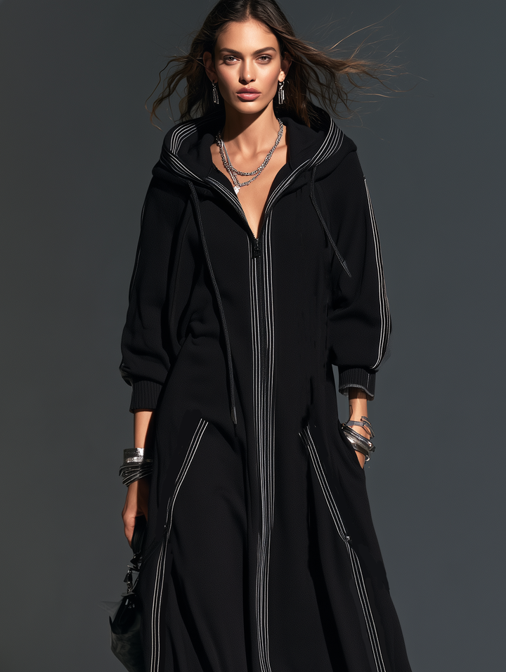 Abrigo largo con capucha de manga larga informal negro de tela de sudadera para mujer