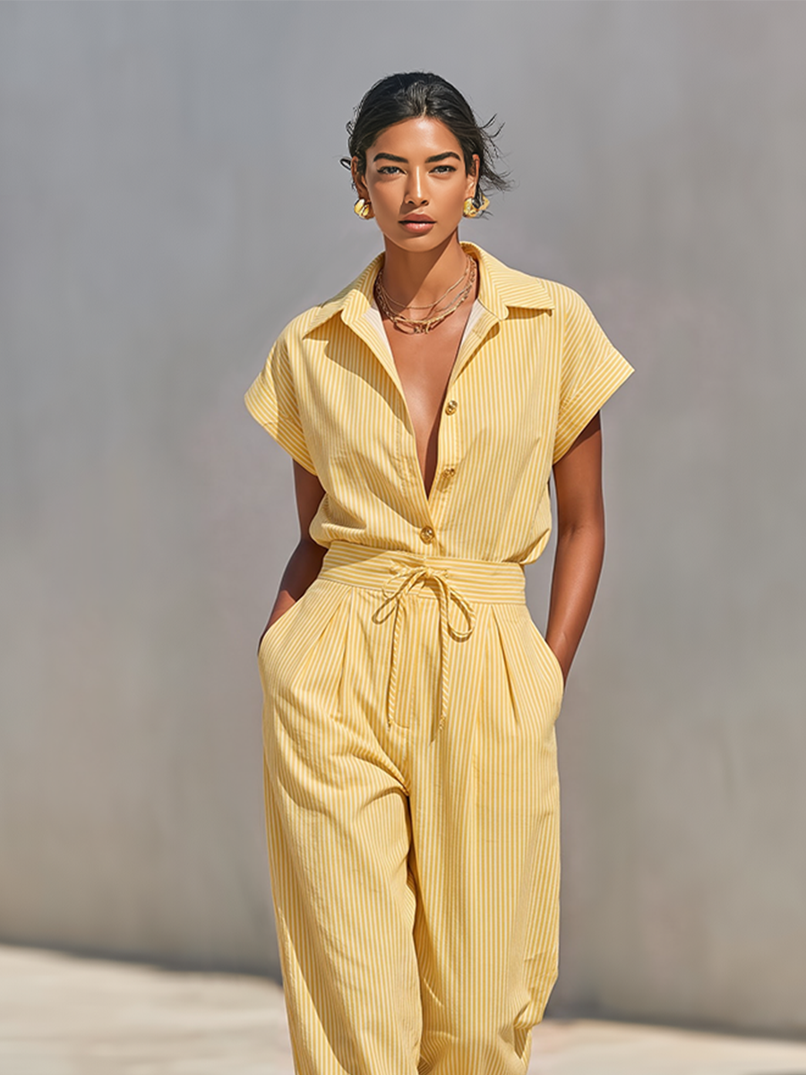 Conjunto de dos piezas para mujer, blusa de rayas verticales en limón con botones frontales y pantalón pitillo con bolsillos laterales, estilo casual-chic para la playa MDZ2203F4LYL