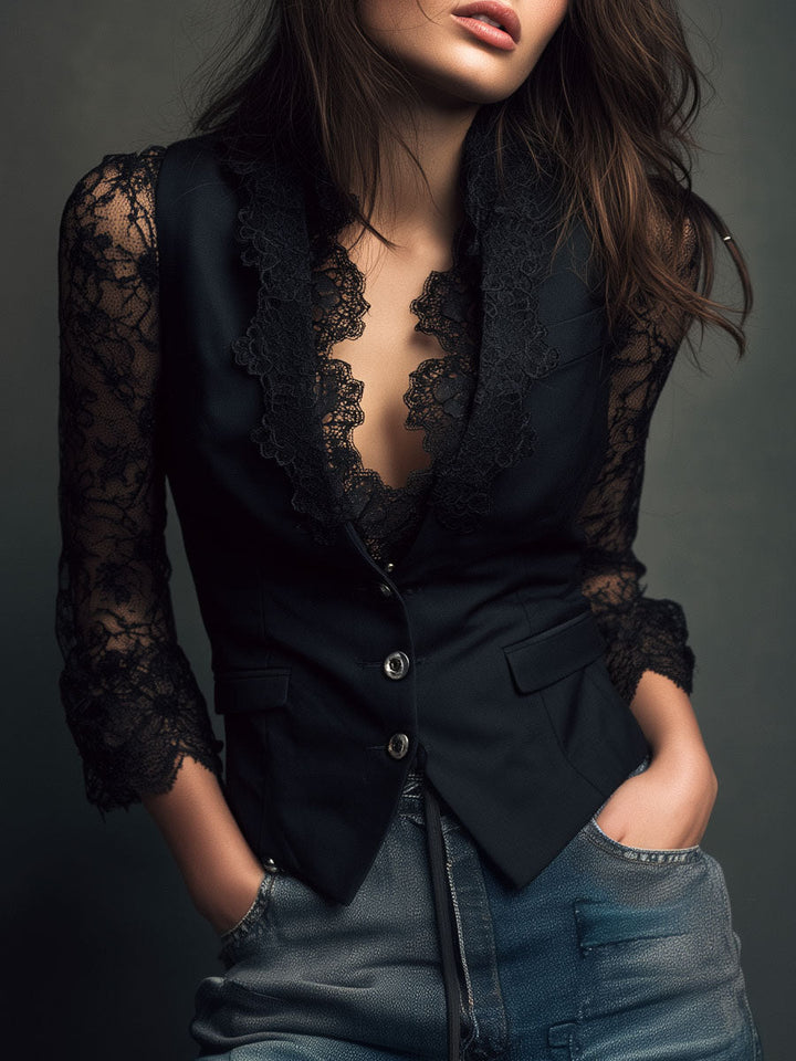 Black Blazer Top with Semi-Sheer Sleeves