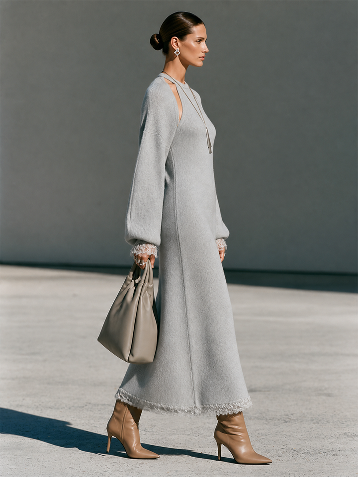 Women's Round-Neck Cutout Drop-Shoulder Balloon-Sleeve Lace-Trim Wool-Knit Maxi Dress MDZ0194I3CMX