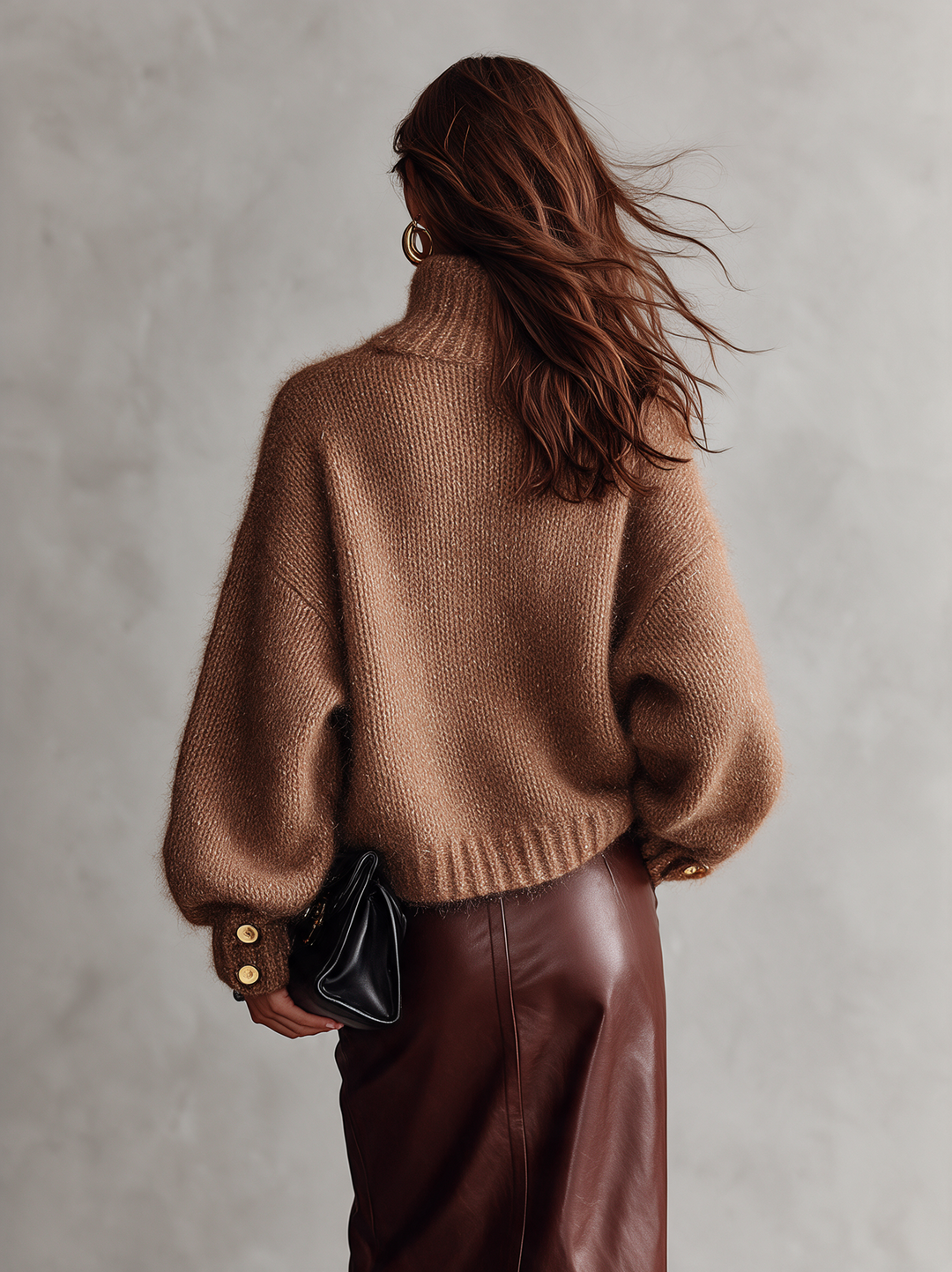 Women's Casual Camel Mohair-Blend Long-Sleeve Turtleneck Sweater