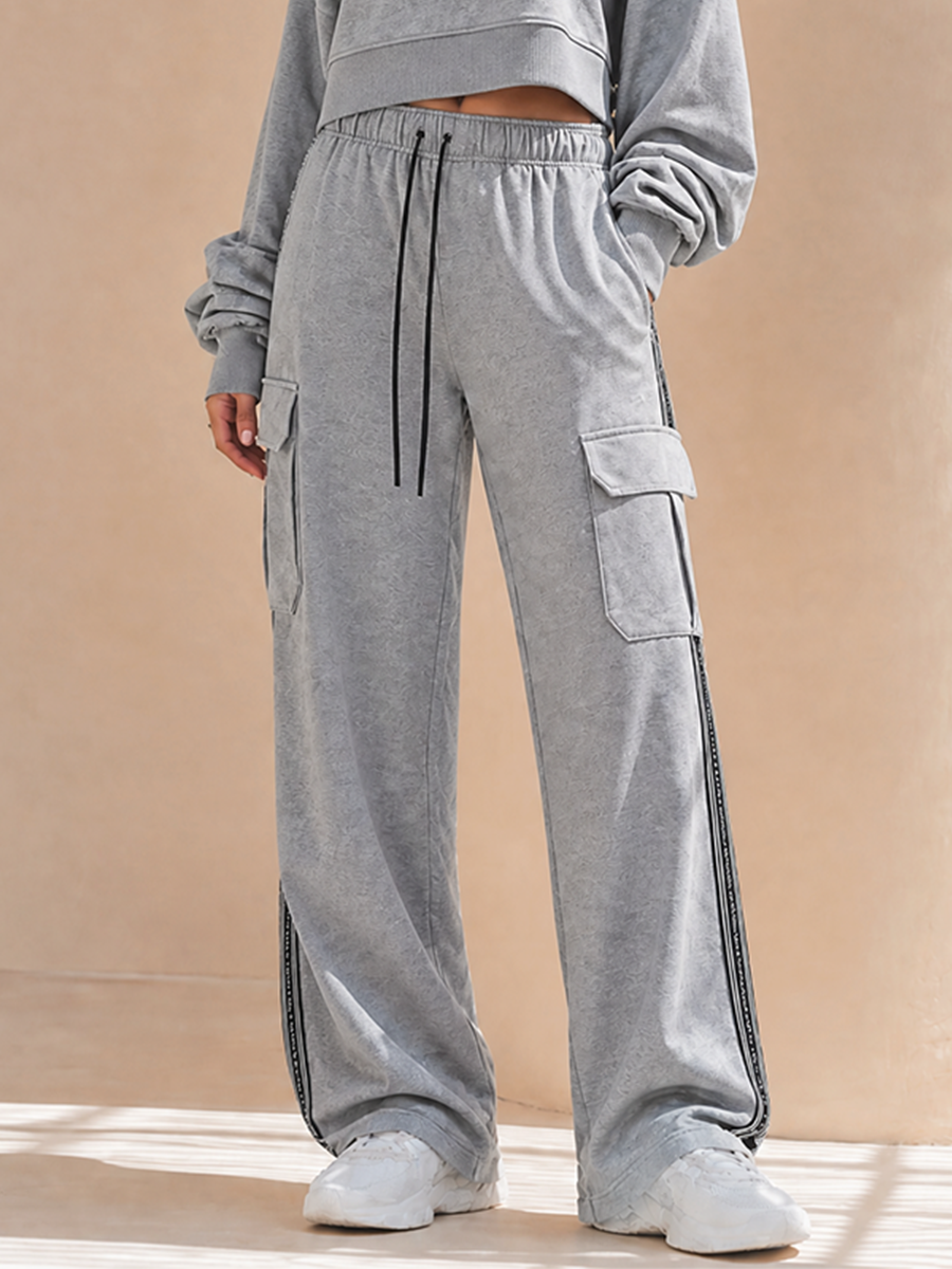 Conjunto de sudadera corta de manga larga con hombros caídos y hombros descubiertos, y pantalón cargo de pierna ancha con cordón, para mujer MDZ2080H0CMX
