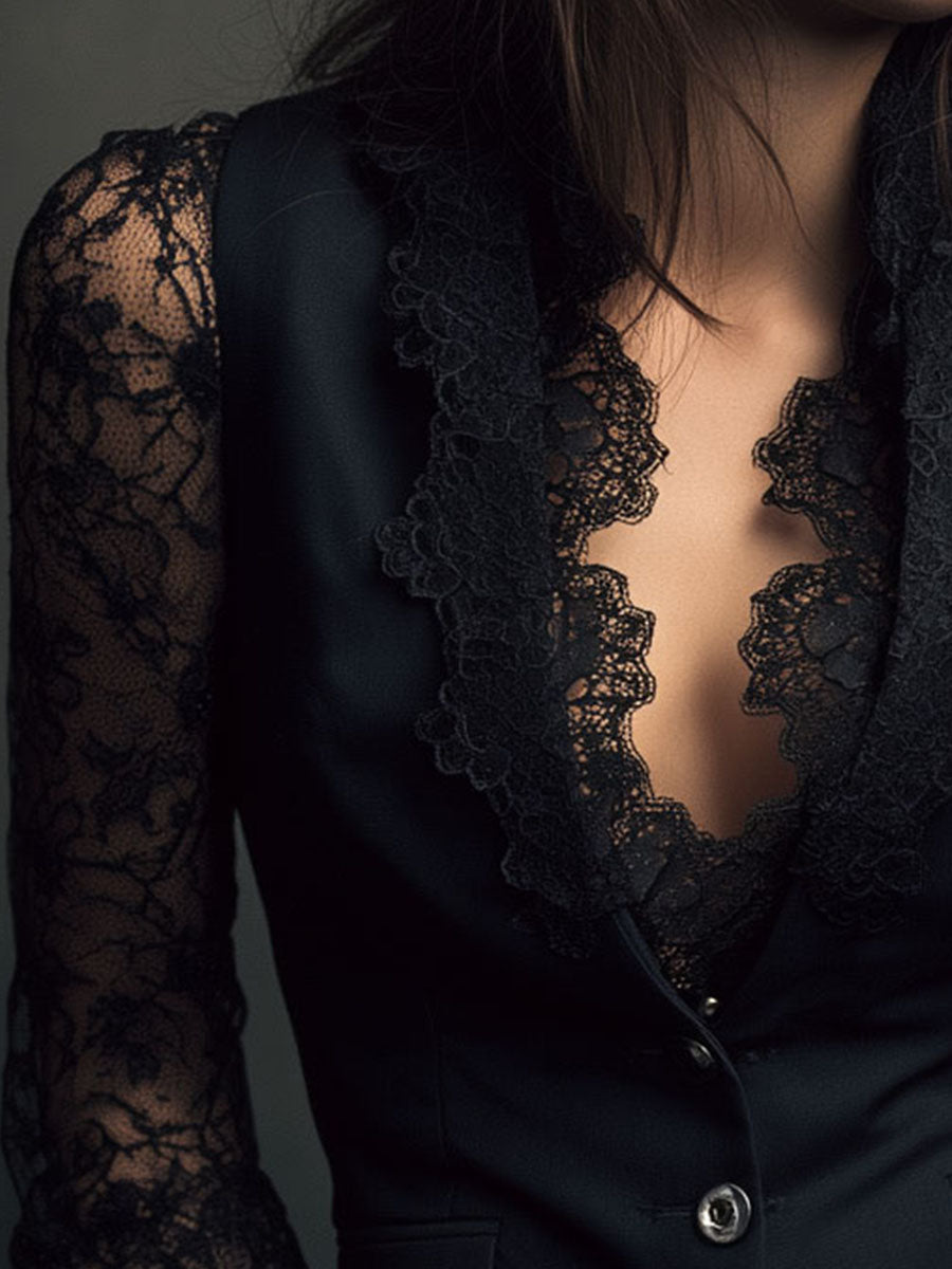 Black Blazer Top with Semi-Sheer Sleeves