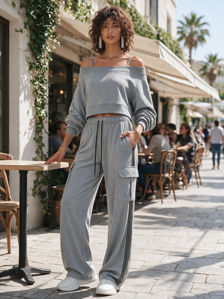 Conjunto de sudadera corta de manga larga con hombros caídos y hombros descubiertos, y pantalón cargo de pierna ancha con cordón, para mujer MDZ2080H0CMX