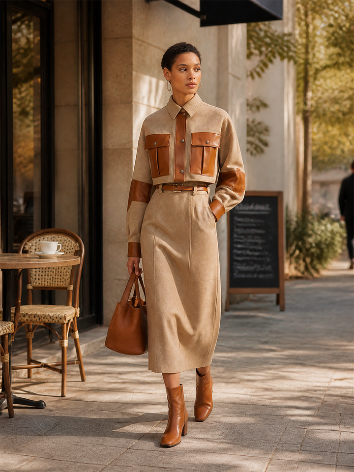 Women's Collared Leather-Panel Single-Breasted Drop-Shoulder Long-Sleeve Cropped Jacket And High-Waisted Skirt Set MDZ3137H8CMX