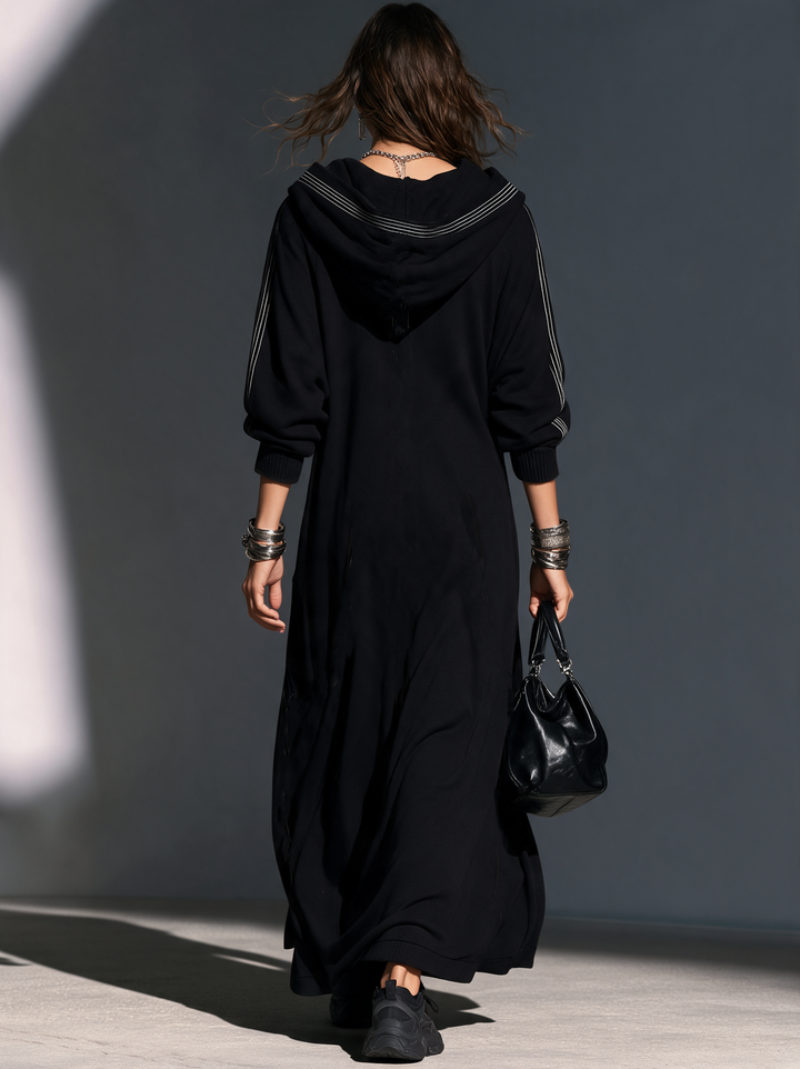 Abrigo largo con capucha de manga larga informal negro de tela de sudadera para mujer