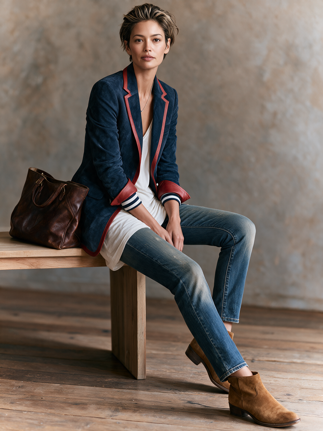 Americana de ante sintético de estilo vintage para mujer con ribete de piel roja MDZ2570H7WY