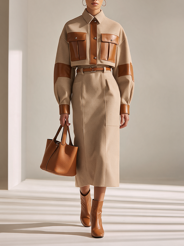 Women's Collared Leather-Panel Single-Breasted Drop-Shoulder Long-Sleeve Cropped Jacket And High-Waisted Skirt Set MDZ3137H8CMX