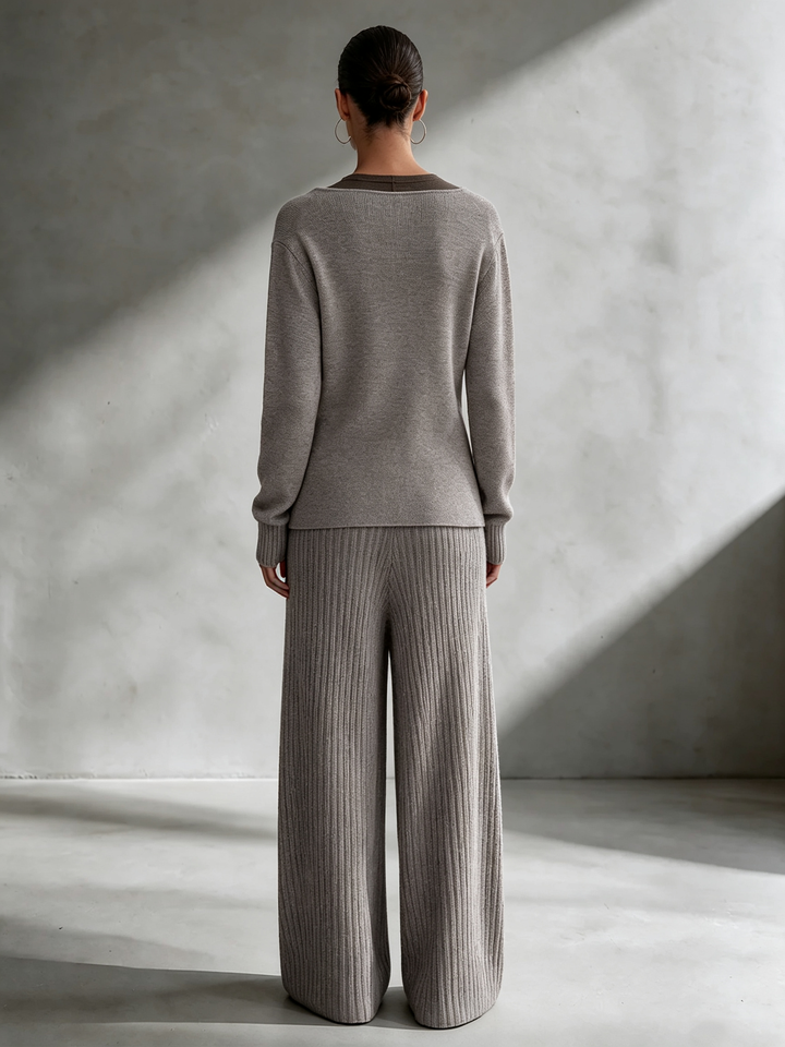 Women's V-neck Diagonal Button Knit Top & Vertical Rib Wide Leg Knit Pants Set