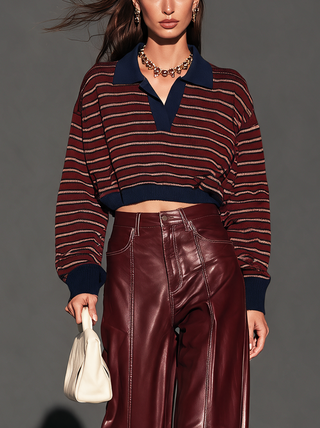 Women's Casual Long-Sleeve V-Neck Knit Sweater With Dark Red Stripes