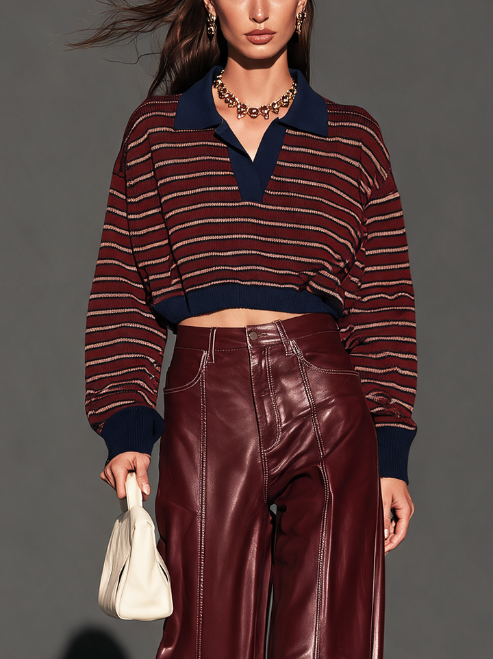 Women's Casual Long-Sleeve V-Neck Knit Sweater With Dark Red Stripes