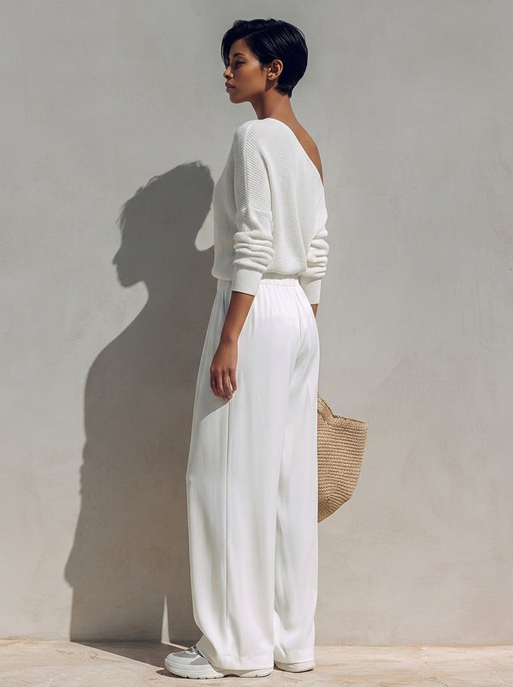 Women's Asymmetric One-Shoulder Knit Top & Wide-Leg Trousers Set MDZ1424H6ZRK