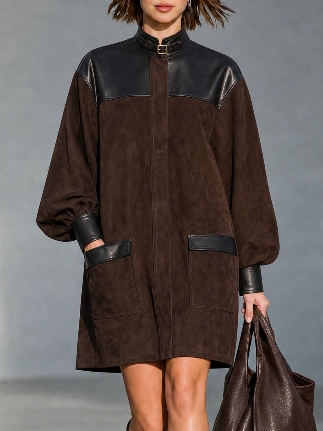 Minivestido con cremallera frontal de ante sintético y paneles de poliuretano retro para mujer