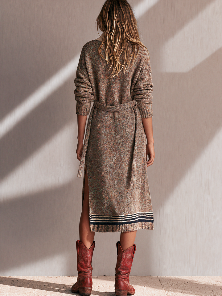 Women's Vintage Button-Front Funnel Neck Belted Knit Dress
