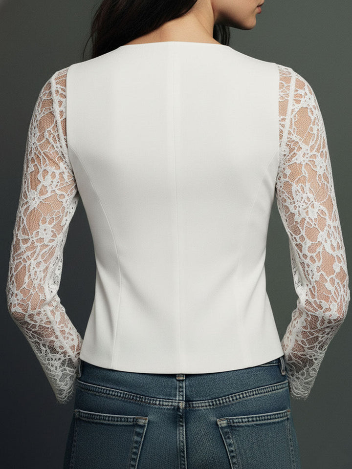 Black Blazer Top with Semi-Sheer Sleeves