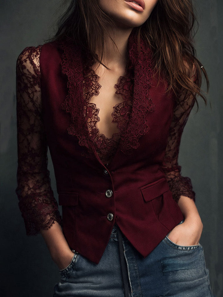 Black Blazer Top with Semi-Sheer Sleeves
