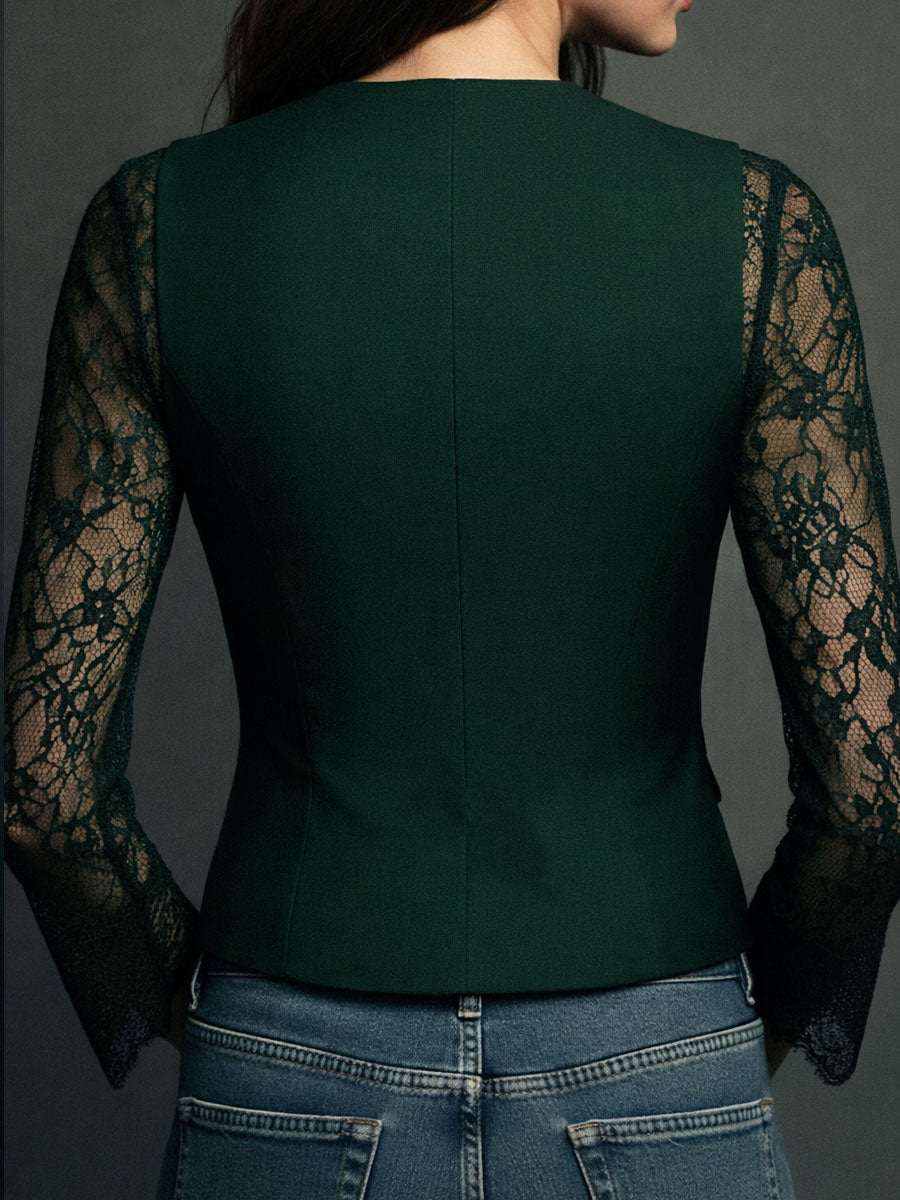 Black Blazer Top with Semi-Sheer Sleeves
