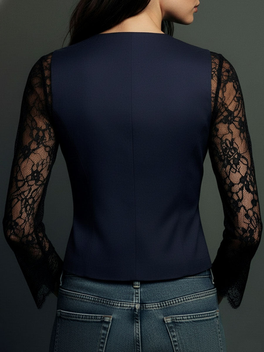 Black Blazer Top with Semi-Sheer Sleeves