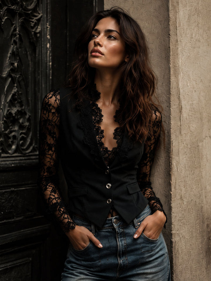 Black Blazer Top with Semi-Sheer Sleeves