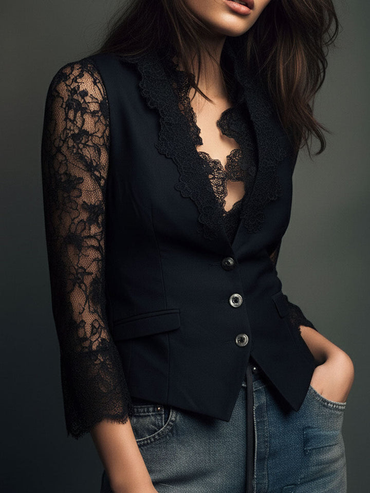Black Blazer Top with Semi-Sheer Sleeves