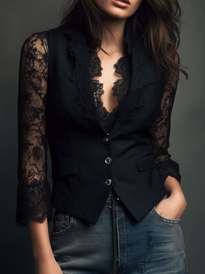 Black Blazer Top with Semi-Sheer Sleeves