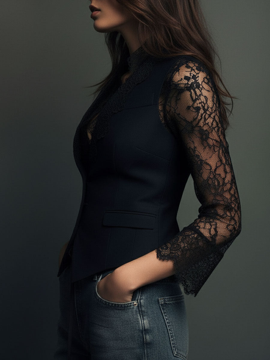 Black Blazer Top with Semi-Sheer Sleeves