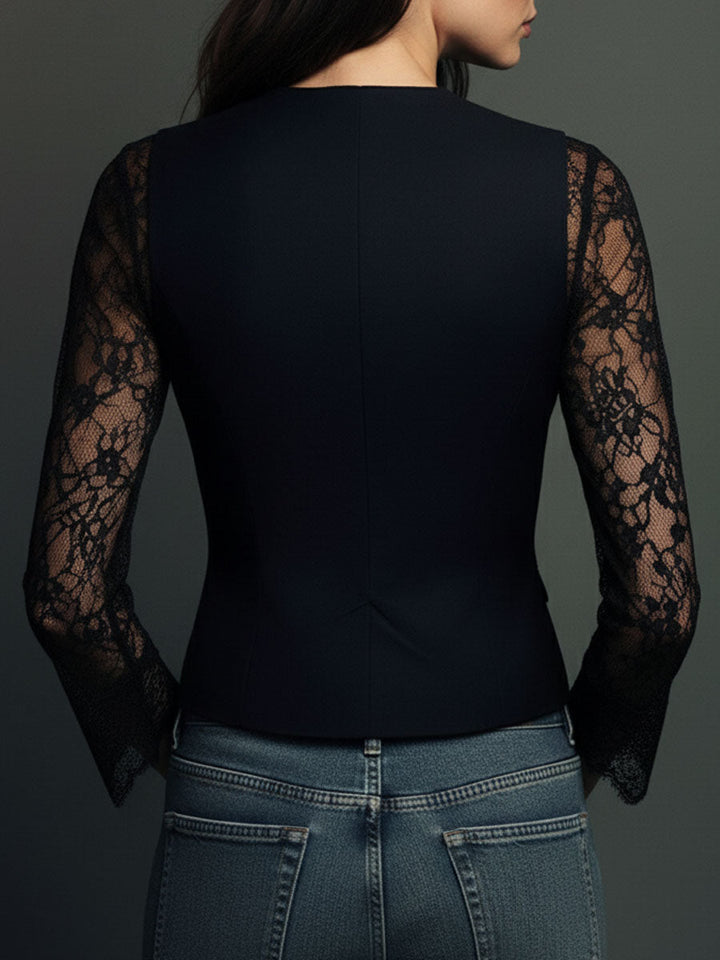 Black Blazer Top with Semi-Sheer Sleeves