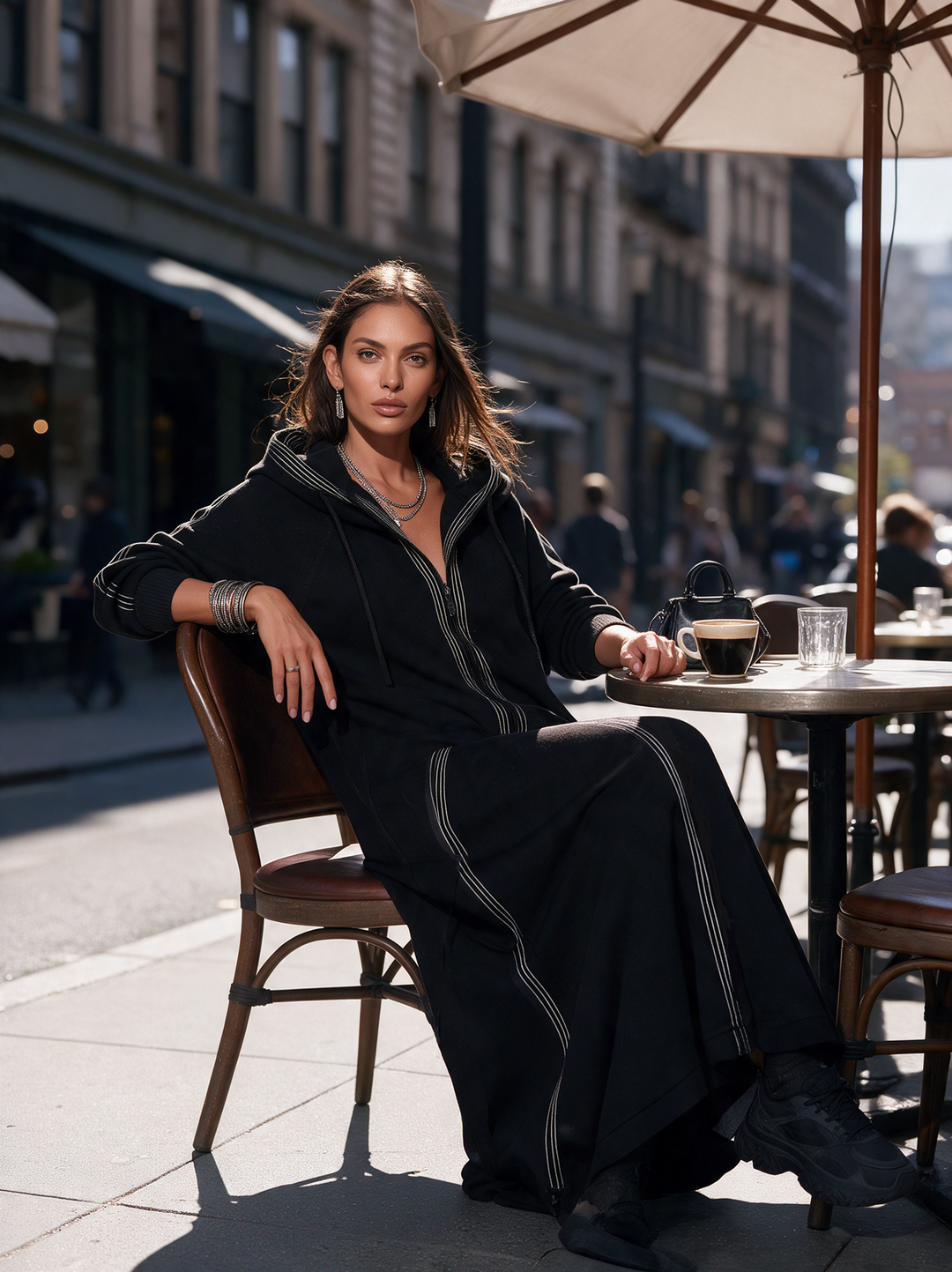Abrigo largo con capucha de manga larga informal negro de tela de sudadera para mujer