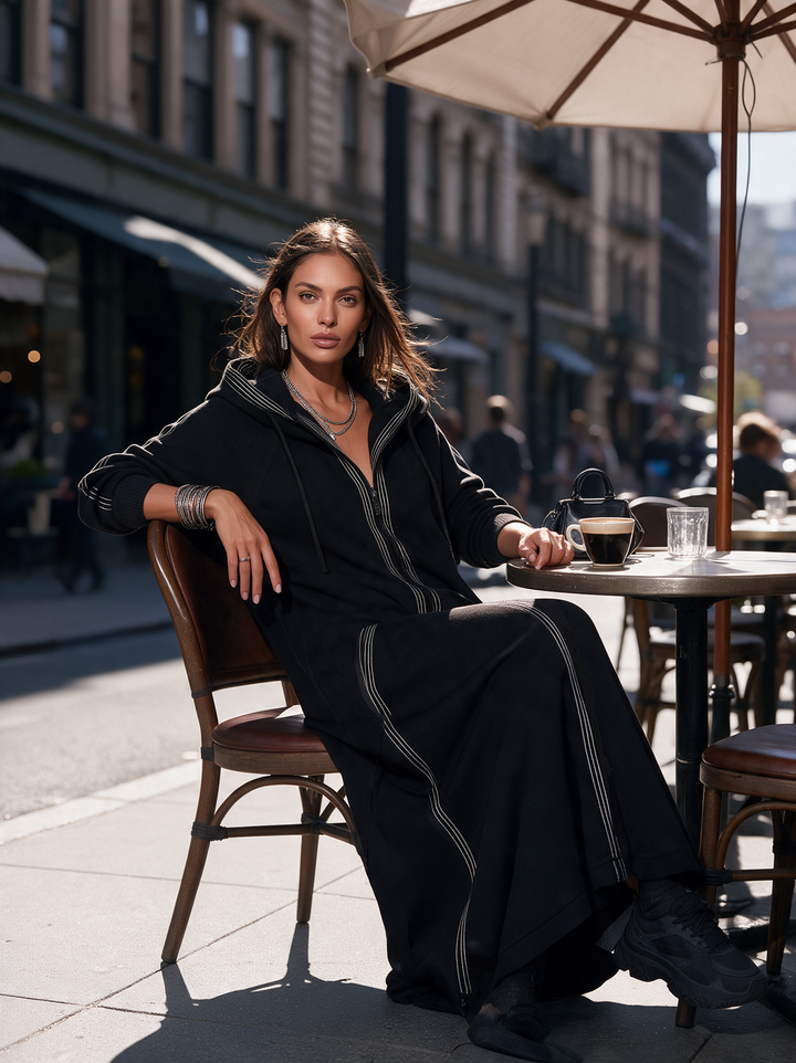 Abrigo largo con capucha de manga larga informal negro de tela de sudadera para mujer