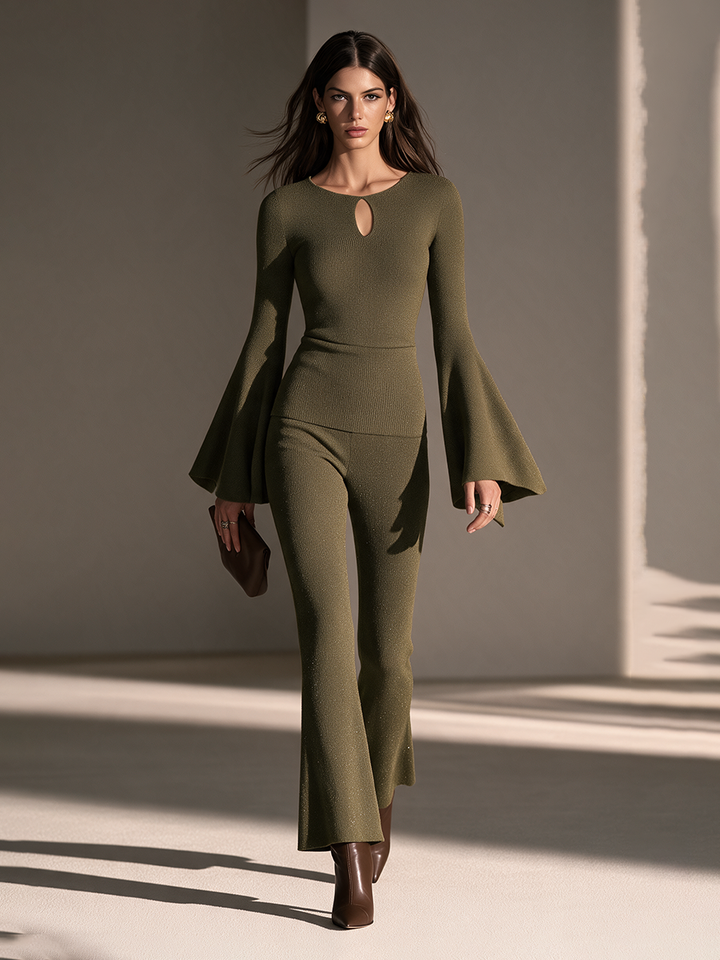 Women's Round-Neck Keyhole Flare-Sleeve Slim Top And Flare Pants Set MDZ2837H3CMX