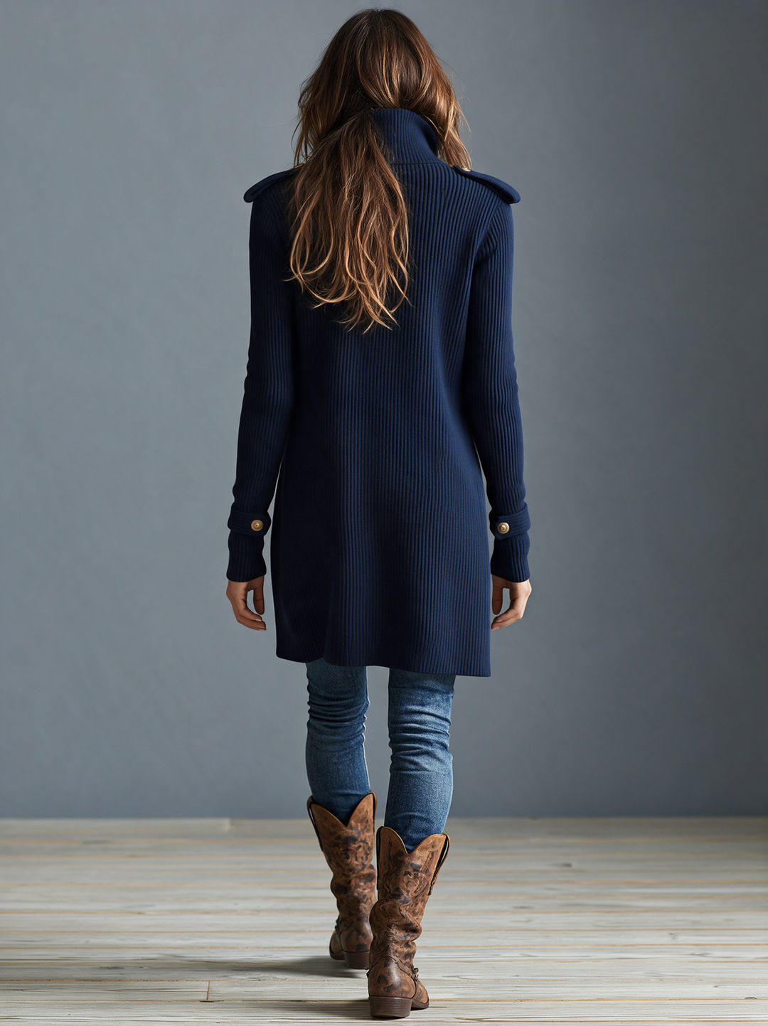 Women's Vintage Ribbed Cardigan With Zipper And Epaulets