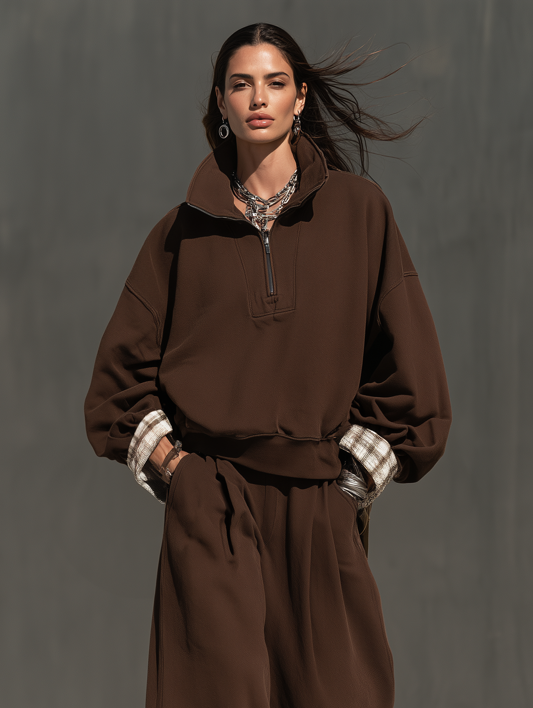 Conjunto de dos piezas de top de manga larga y pantalón casual para mujer en tejido de sudadera marrón MDZ0853I7LXY