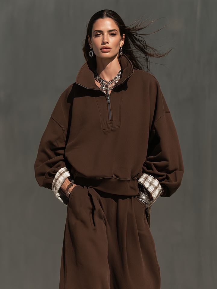 Conjunto de dos piezas de top de manga larga y pantalón casual para mujer en tejido de sudadera marrón MDZ0853I7LXY