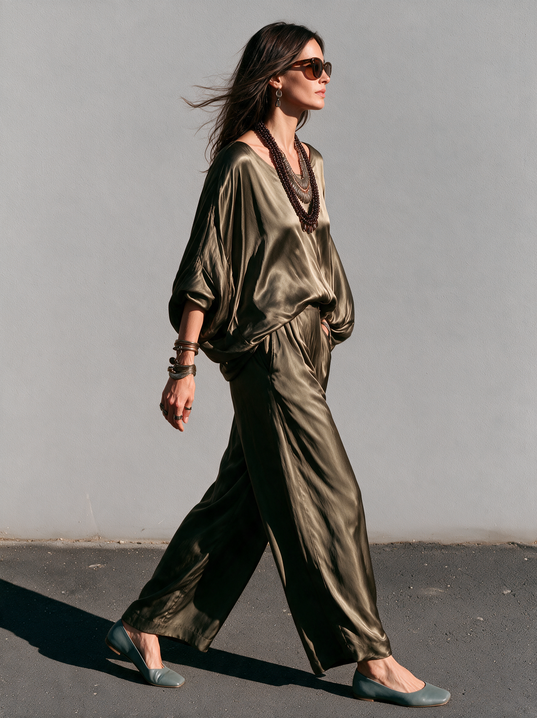 Women's Casual Olive Green Satin Long-Sleeve Top And Trousers Two-Piece Set MDZ0144I4LXY