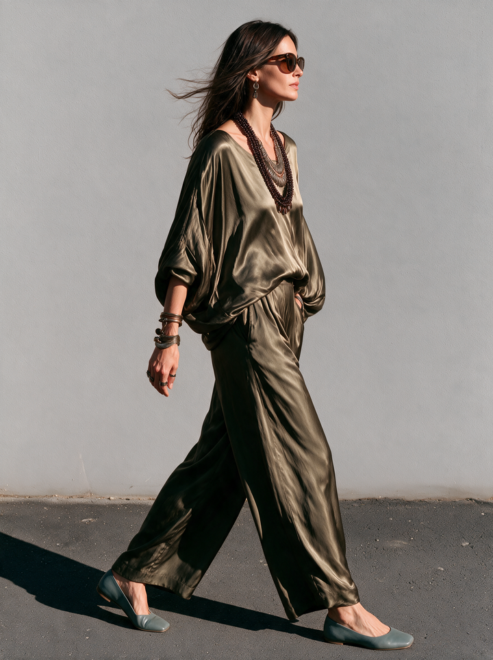 Women's Casual Olive Green Satin Long-Sleeve Top And Trousers Two-Piece Set MDZ0144I4LXY
