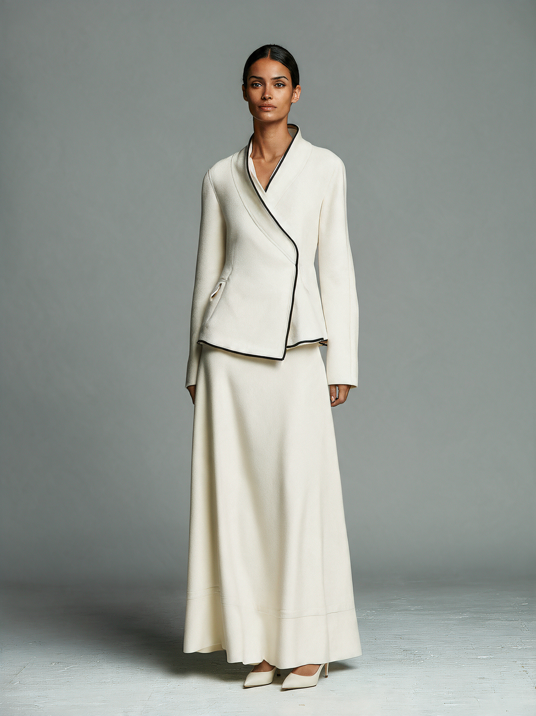 Women's Off‑White Asymmetric Wrap Jacket With Contrast Piping MDZ0442I3R