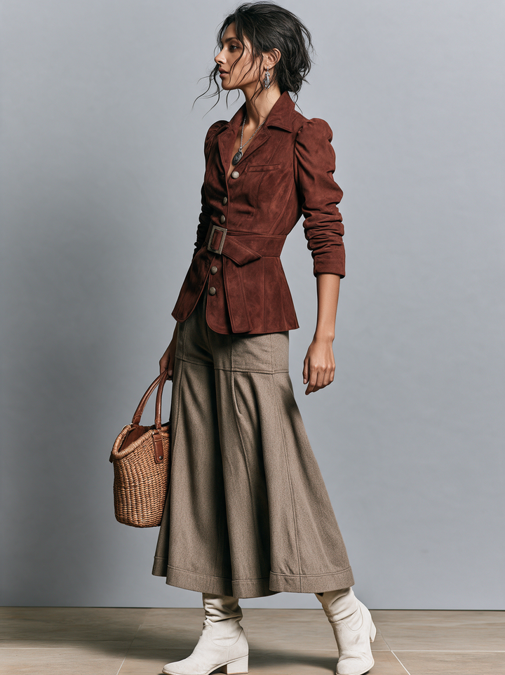 Women's Vintage Single-Breasted Belted Suede Blazer