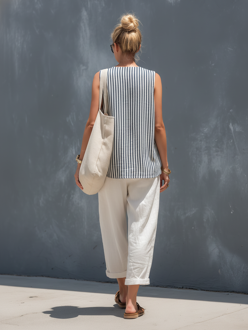 Conjunto de chaleco sin mangas tejido a rayas casual para mujer, combinado con pantalón de algodón y lino blanco MDZ2815B5AN