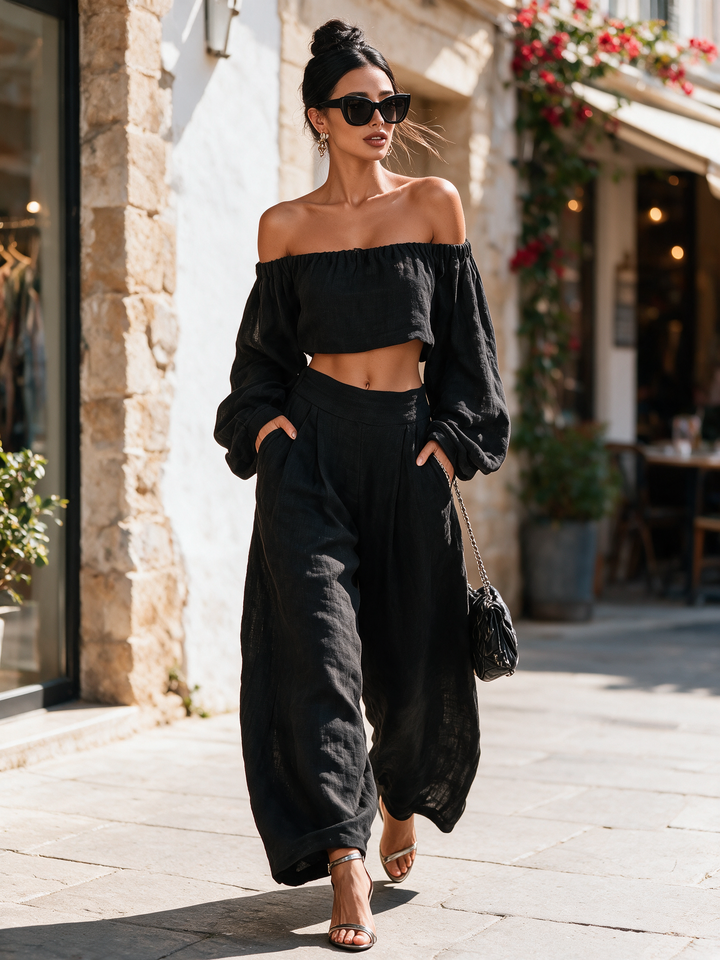 Women's Minimalist Linen Blend Strapless Long-sleeved Blouse And Wide-leg Pants Set MDA1900L7Y