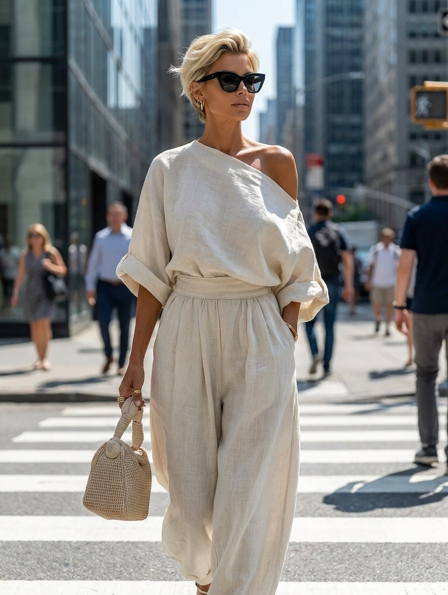 Conjunto de top holgado con hombros descubiertos y pantalón cónico de lino blanco roto para mujer MDA2770K8T