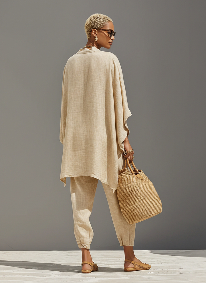 Conjunto de lino neutro para mujer con bajo asimétrico y diseño minimalista, conjunto de estilo sofisticado para uso diario-casual MDZ0501B3I