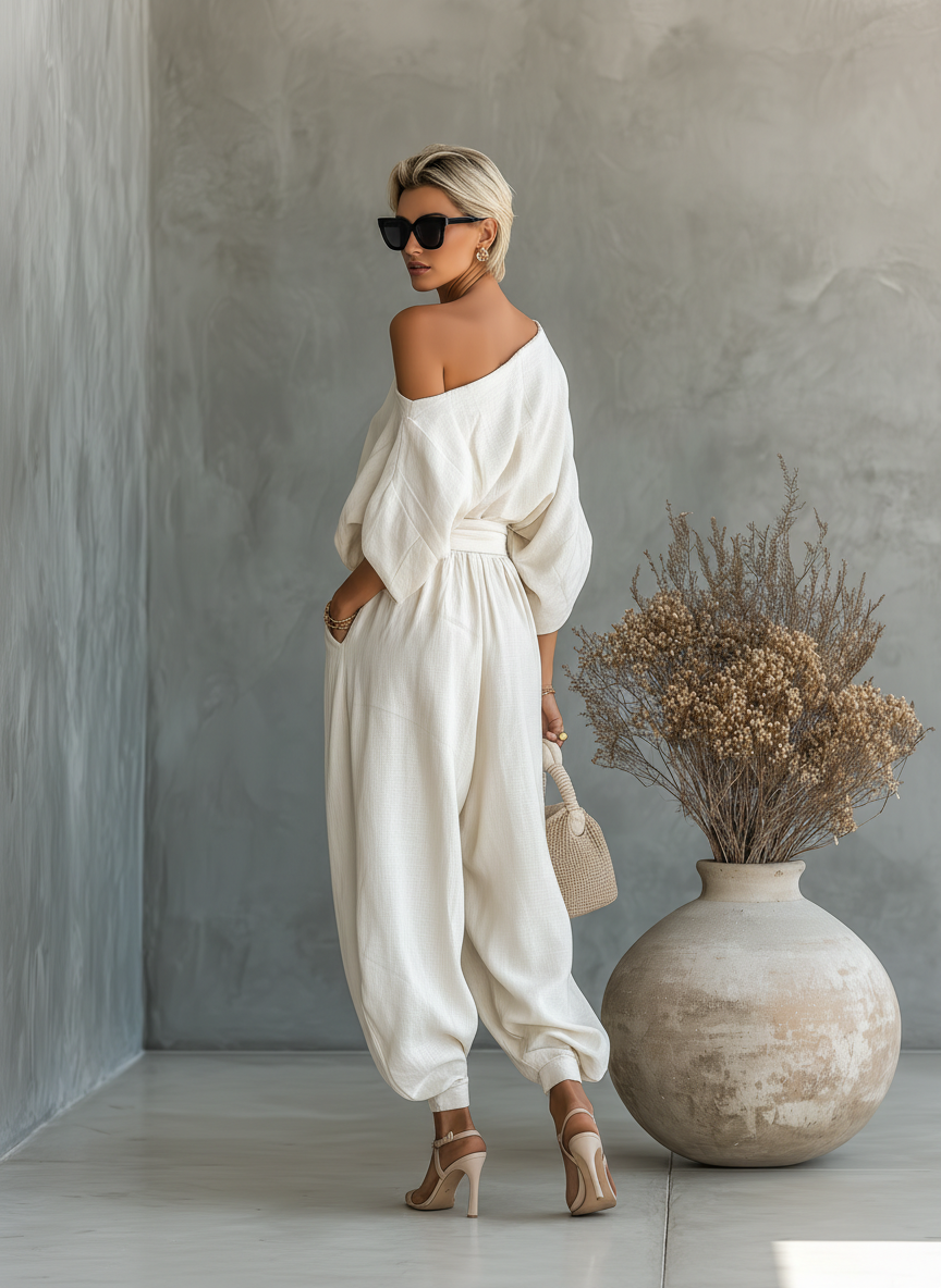 Conjunto de top holgado con hombros descubiertos y pantalón cónico de lino blanco roto para mujer MDA2770K8T