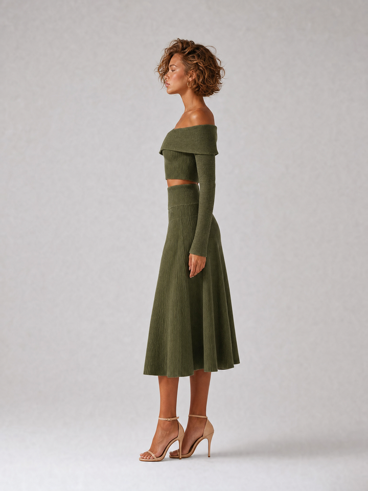 Women's Elegant Green Ribbed-Knit Off-Shoulder Crossover-Neck Long-Sleeve Cropped Top & High-Waisted A-Line Midi Skirt Set MDZ2462G3CMX