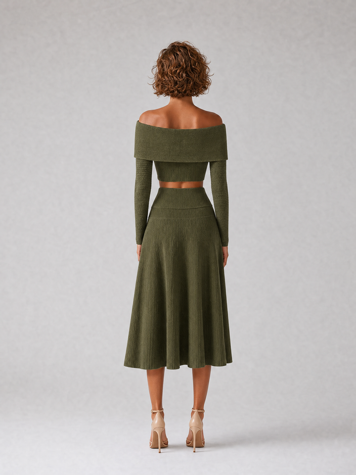Women's Elegant Green Ribbed-Knit Off-Shoulder Crossover-Neck Long-Sleeve Cropped Top & High-Waisted A-Line Midi Skirt Set MDZ2462G3CMX