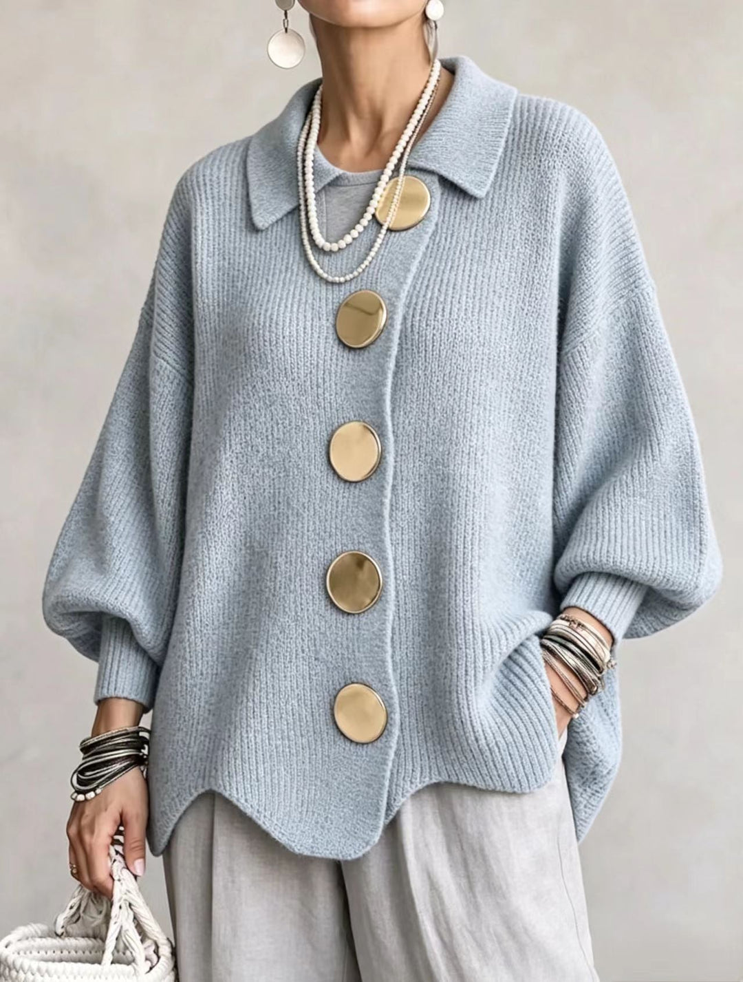Oversized Collared Cardigan with Large Metal Buttons